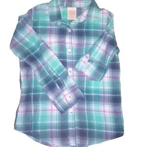 FADED GLORY girl's x-small 4/5 soft green blue plaid long sleeve flannel shirt